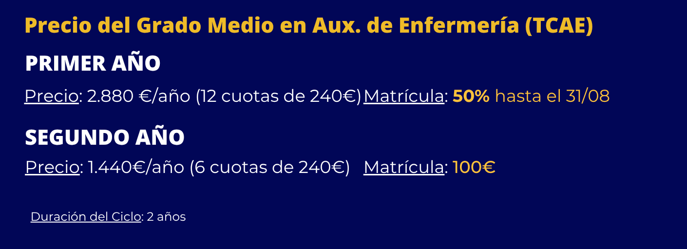 Grado Medio en Auxiliar de Enfermería información y precios por cursos