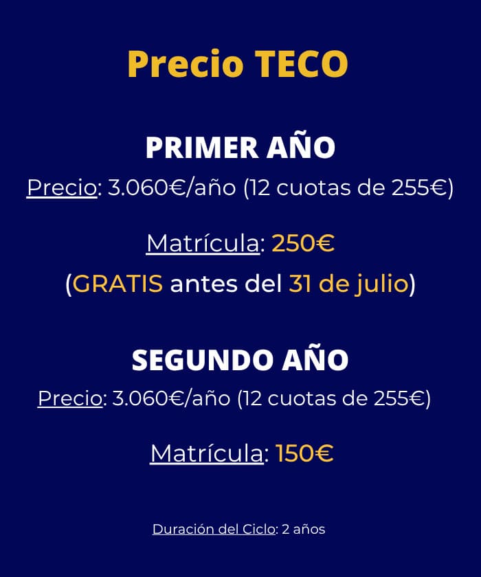 Banner móvil con oferta y precios del ciclo TECO grado medio en Málaga.