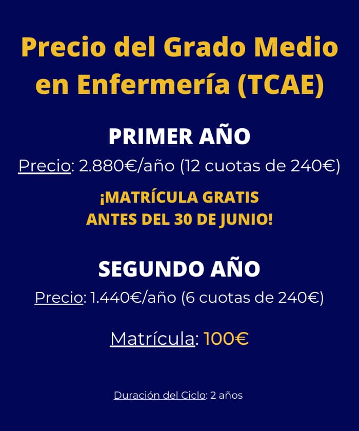 Imagen con datos de matrícula y precio del ciclo de grado medio en Cuidados Auxiliares de Enfermería (también conocido como TCAE grado medio en Málaga) en el Colegio El Divino Pastor de Málaga. Ciclo medio auxiliar de enfermería con prácticas.