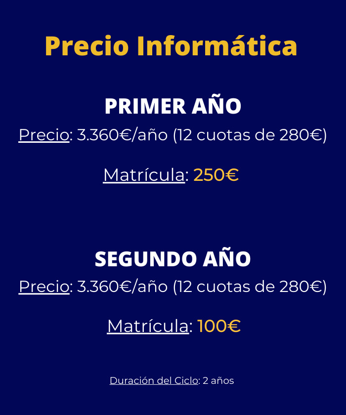 Banner vertical con precios del FP DAM en Málaga, grado superior en desarrollo de aplicaciones multiplataforma y web multidispositivo.