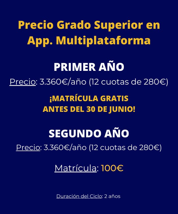 Cartel de precios del ciclo oficial de grado superior DAM en el Colegio El Divino Pastor de Málaga para dispositivos móviles.