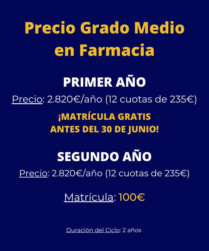 Banner adaptado para móvil con los precios y matrícula del ciclo formativo de grado medio en Farmacia y Parafarmacia en Málaga capital, formación oficial como técnico en farmacia, parafarmacia, laboratorios o distribución farmacéutica.
