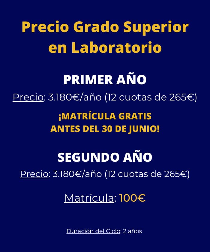 Cuotas y matrícula para el ciclo de grado superior en Laboratorio Clínico y Biomédico en el Colegio El Divino Pastor de Málaga (versión móvil).
