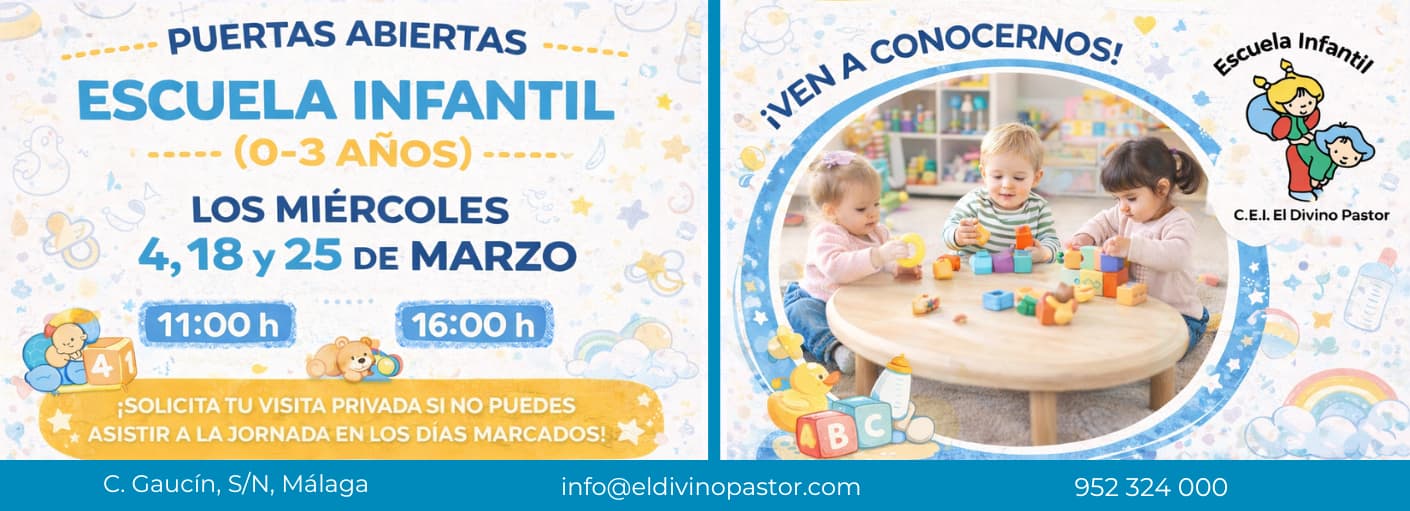 Cartel móvil de puertas abiertas en escuela infantil de colegio privado concertado en Málaga capital.