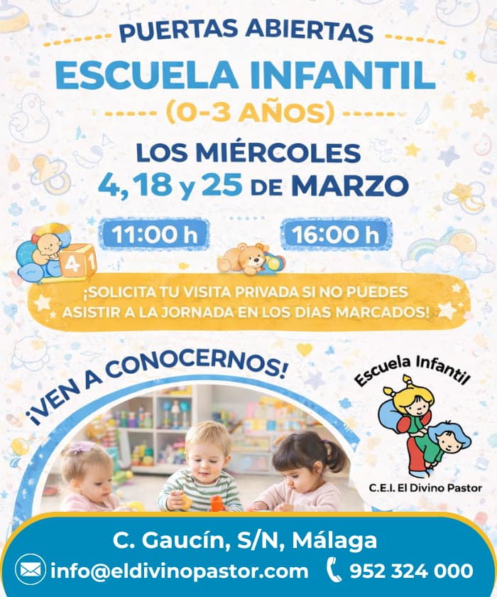 Cartel móvil de puertas abiertas en escuela infantil de colegio privado concertado en Málaga capital.