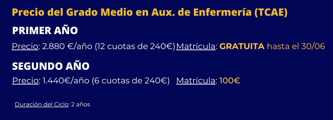 Banner informativo de precios y matrícula del ciclo oficial de Grado Medio TCAE (Auxiliar de Enfermería) en el Colegio El Divino Pastor de Málaga.
