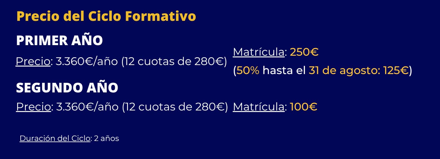 Banner con precios y oferta especial para el ciclo formativo DAM grado superior en Málaga.