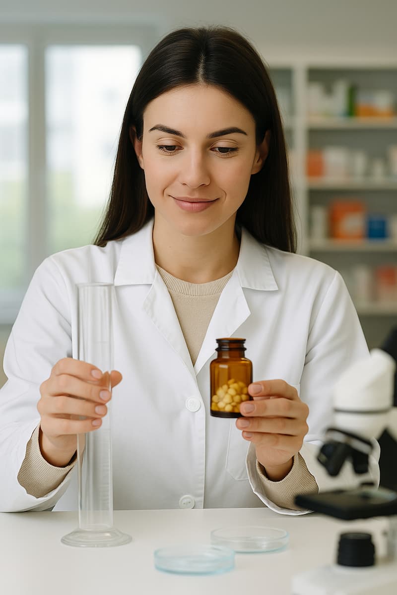 Estudiante de FP farmacia en Málaga realizando prácticas con productos farmacéuticos en entorno educativo.