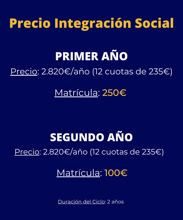 Imagen promocional con precios del ciclo FP Integración Social grado superior en Málaga para estudiar técnico de integración social.