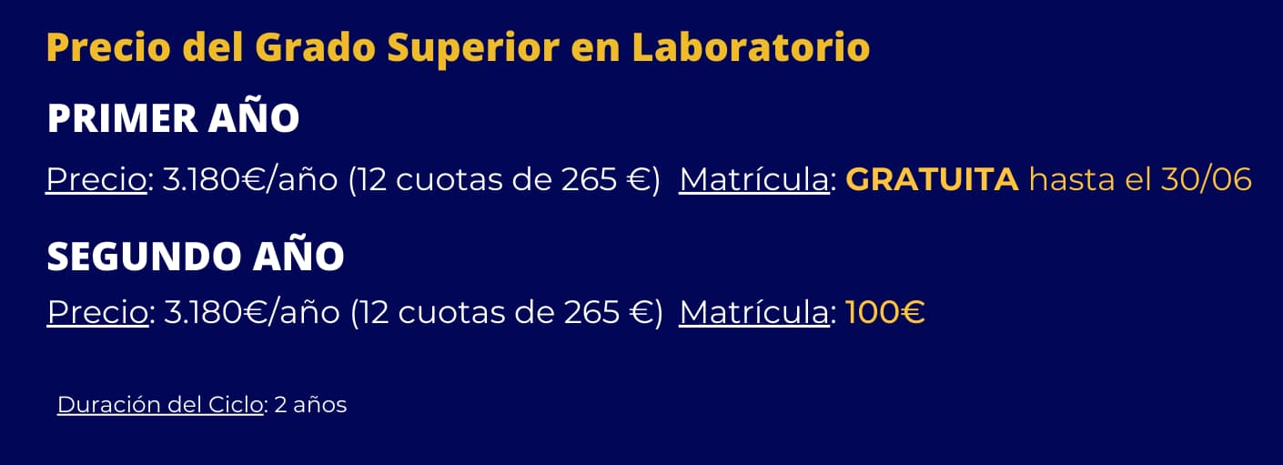 Tabla detallada de precios y asignaturas del grado superior en Laboratorio Clínico y Biomédico en el Colegio El Divino Pastor de Málaga.