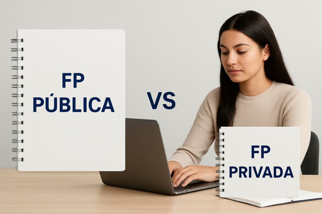 Comparativa visual entre FP pública y FP privada para orientar a estudiantes en Málaga
