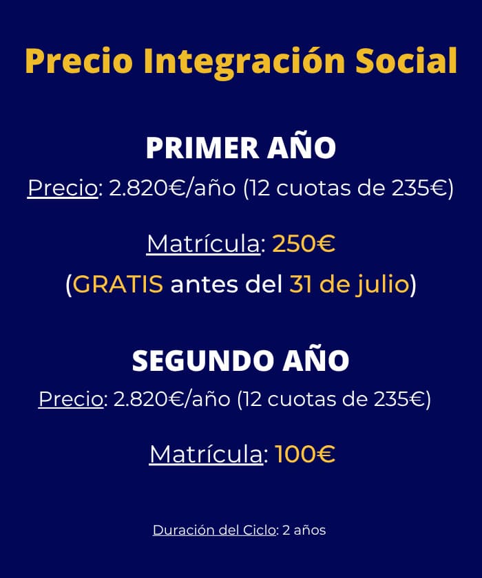 Banner móvil con oferta y precios del ciclo Integración Social grado superior en Málaga.