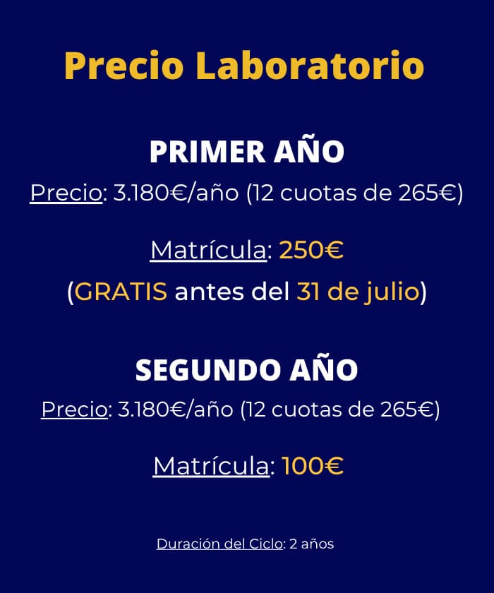 Banner móvil con oferta y precios del ciclo Laboratorio Clínico y Biomédico en Málaga.