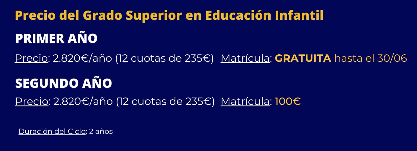 Tabla de precios y matrícula del ciclo FP de Educación Infantil grado superior en el Colegio El Divino Pastor de Málaga para el curso 2026-2027.