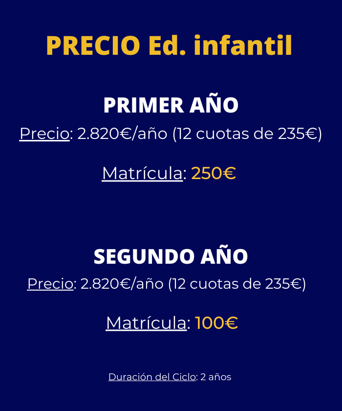 Precios y matrícula del grado superior en Educación Infantil FP en Málaga para ciclo formativo 2025. Versión móvil.